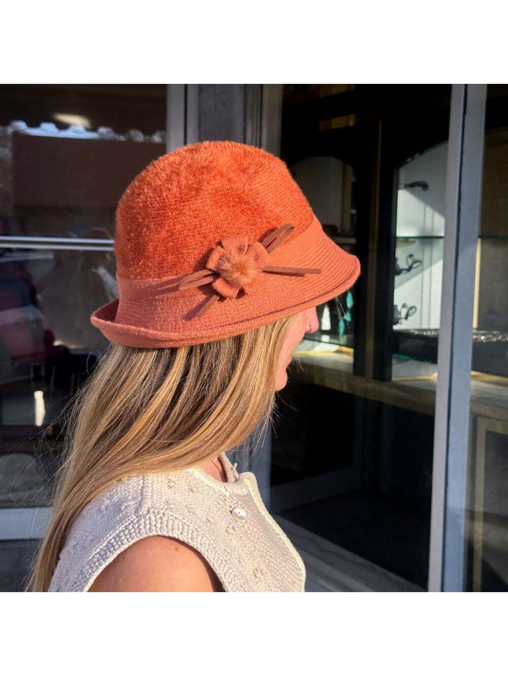 Vintage Wool Cloche Hat Rust Orange Bow Detail NWOT S/M